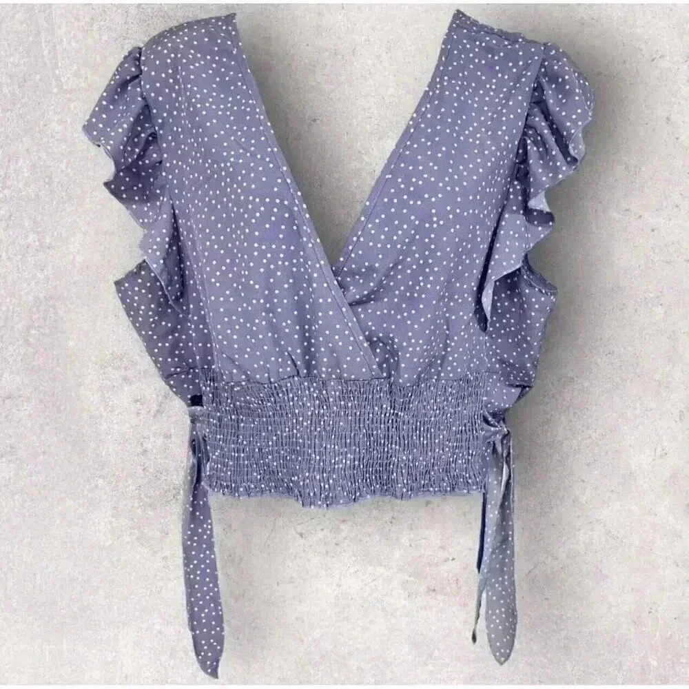 Purple Crop Top With Polk-a Dots V-neck Capped Ruffle Sleeves Plus Size 4XL